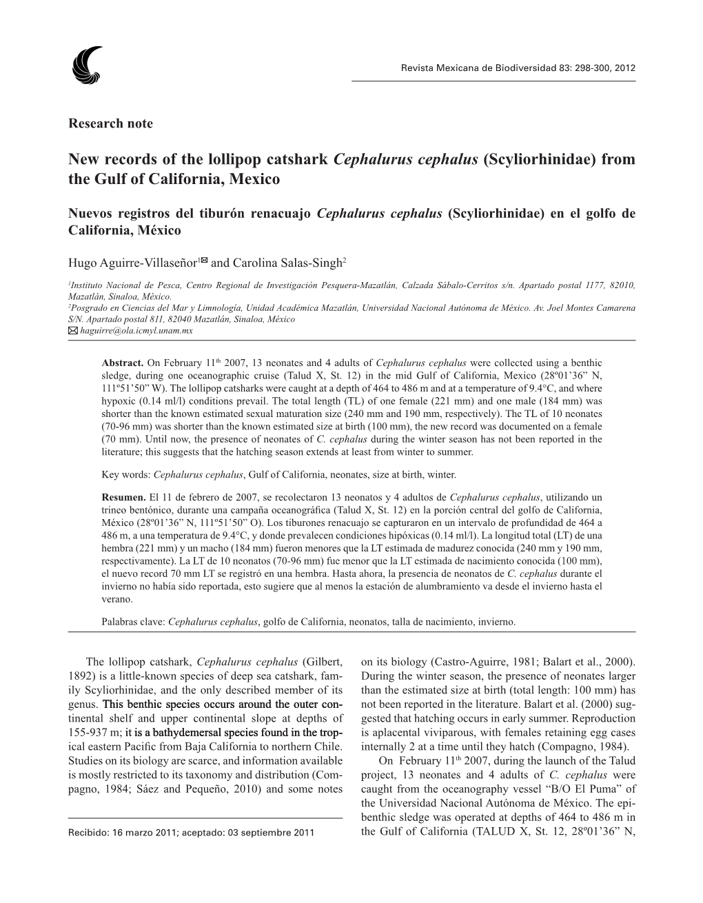 New Records of the Lollipop Catshark Cephalurus Cephalus (Scyliorhinidae) from the Gulf of California, Mexico