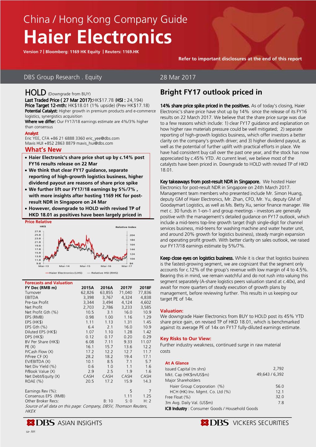 Haier Electronics Version 7 | Bloomberg: 1169 HK Equity | Reuters: 1169.HK Refer to Important Disclosures at the End of This Report