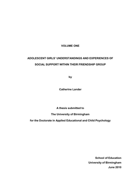 Adolescents Girls' Understandings and Experiences of Social Support