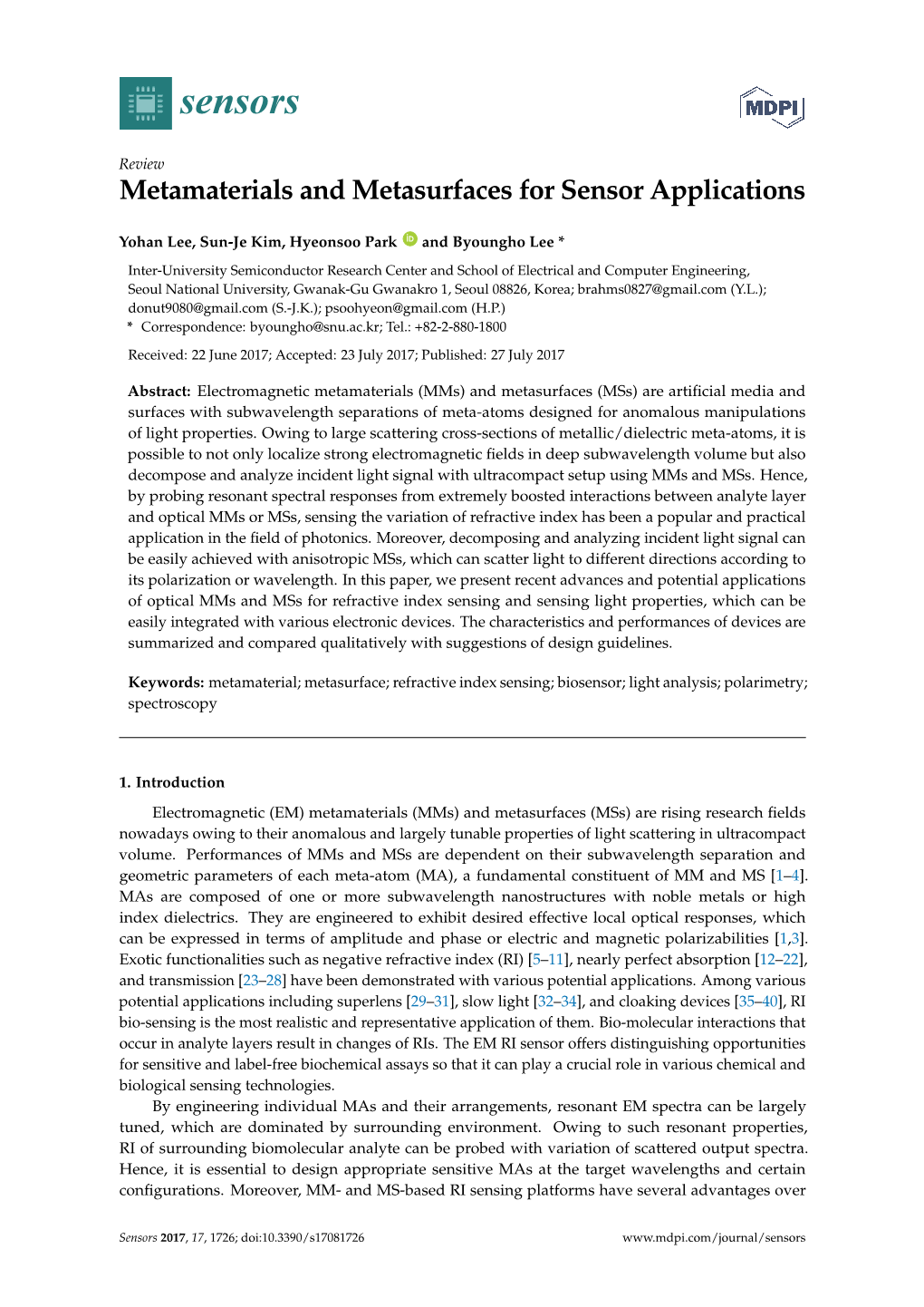 Metamaterials and Metasurfaces for Sensor Applications