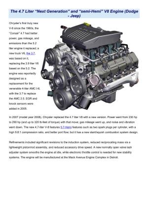 The 4.7 Liter “Next Generation” and “Semi-Hemi” V8 Engine (Dodge - Jeep)