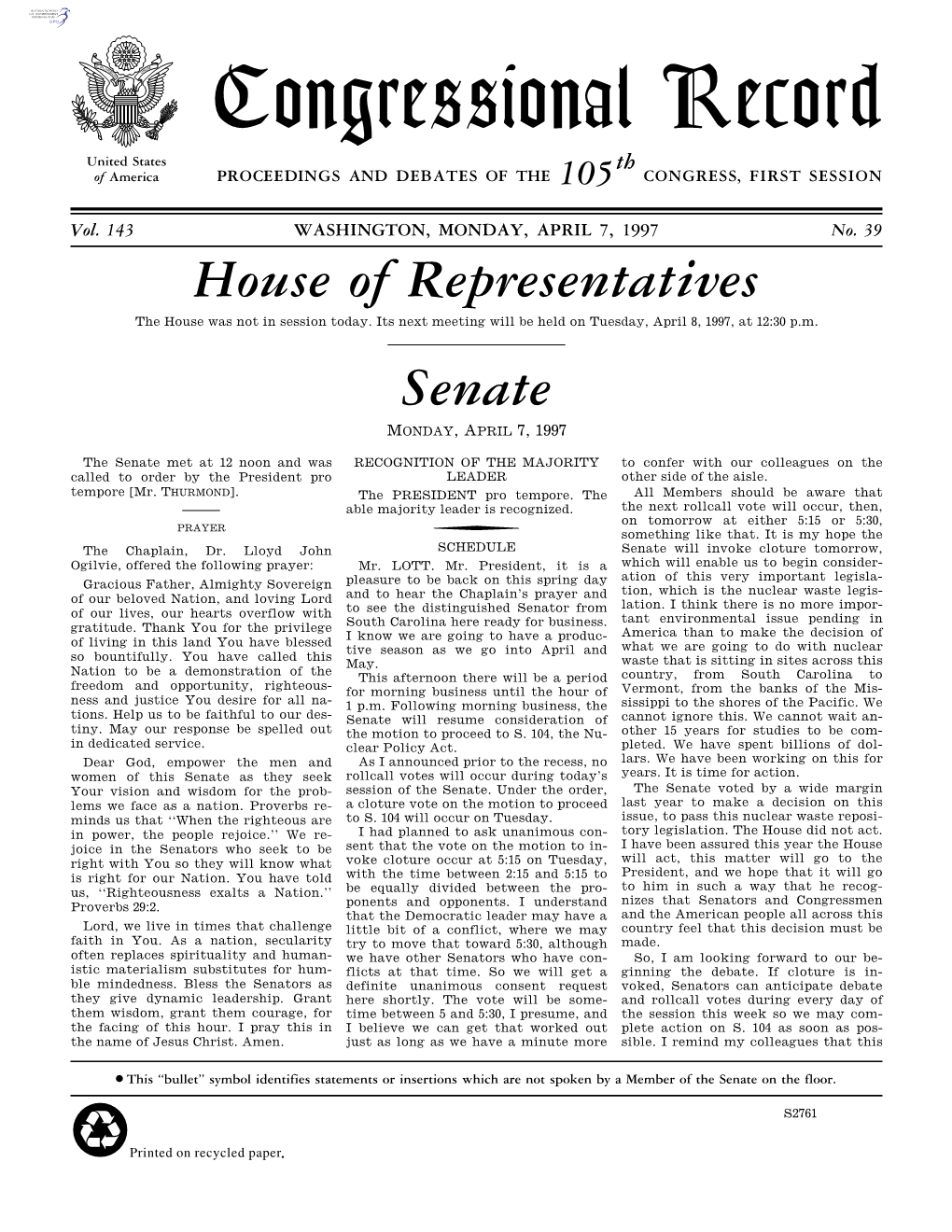 Congressional Record United States Th of America PROCEEDINGS and DEBATES of the 105 CONGRESS, FIRST SESSION