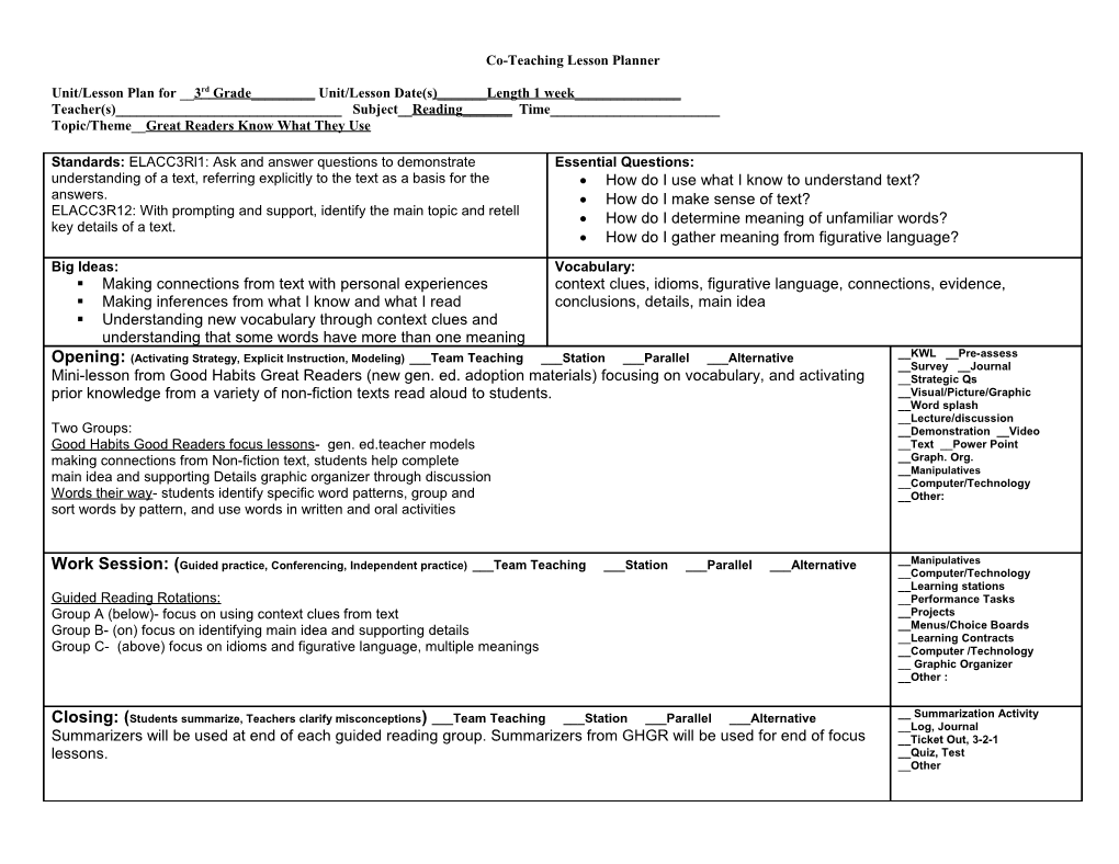 Co-Teaching Lesson Planner