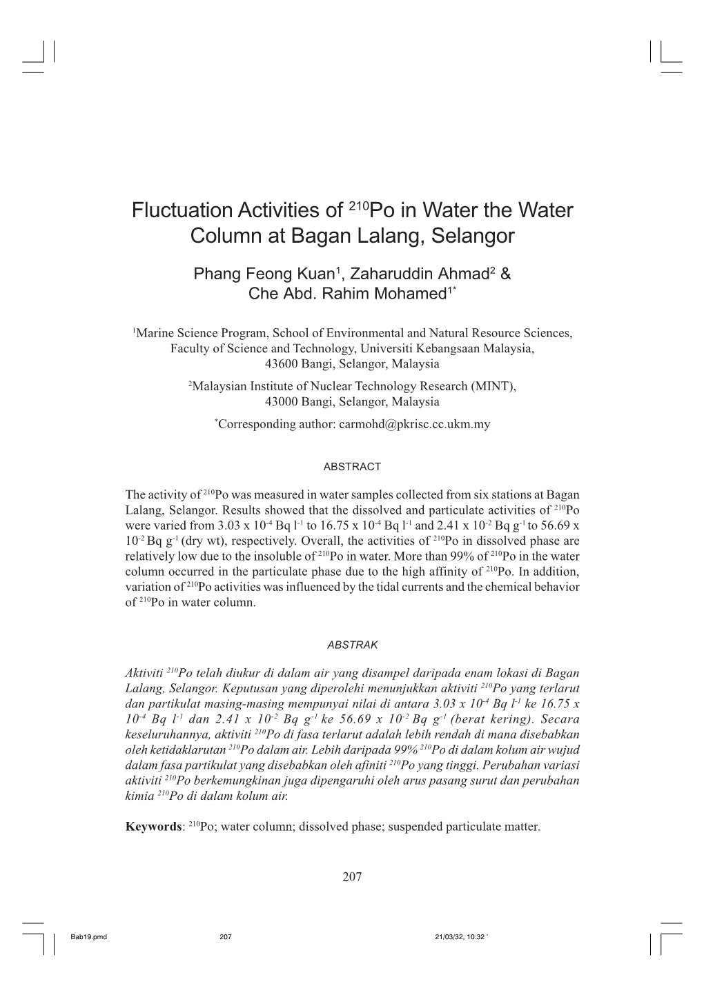 Fluctuation Activities of 210Po in Water the Water Column at Bagan Lalang, Selangor