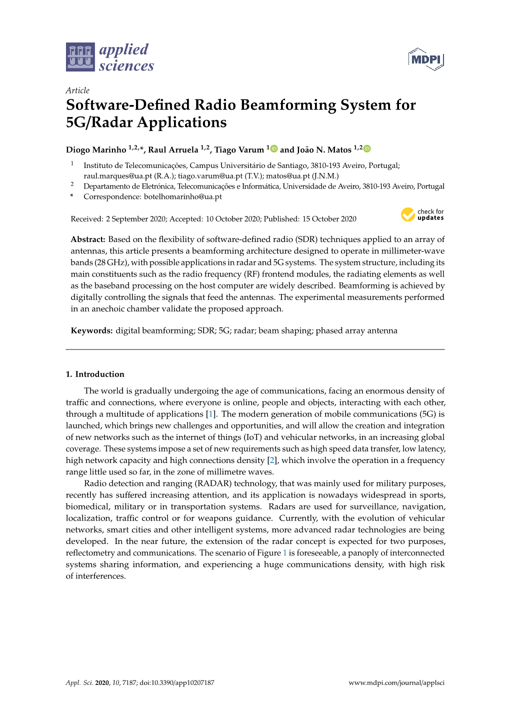 Software-Defined Radio Beamforming System for 5G/Radar Applications