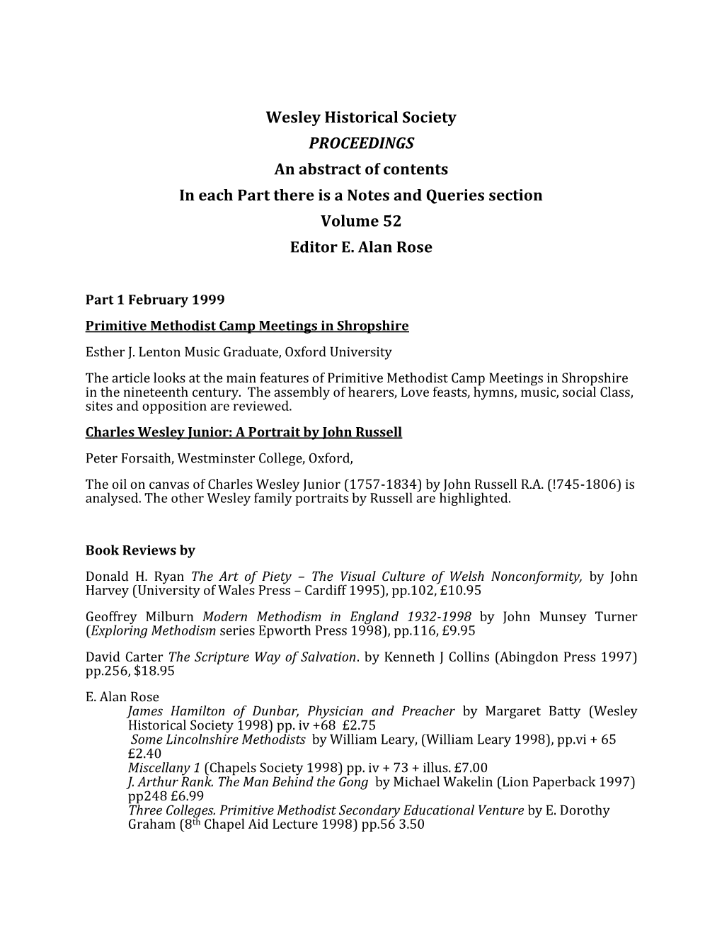 Wesley Historical Society PROCEEDINGS an Abstract of Contents in Each Part There Is a Notes and Queries Section Volume 52 Editor E