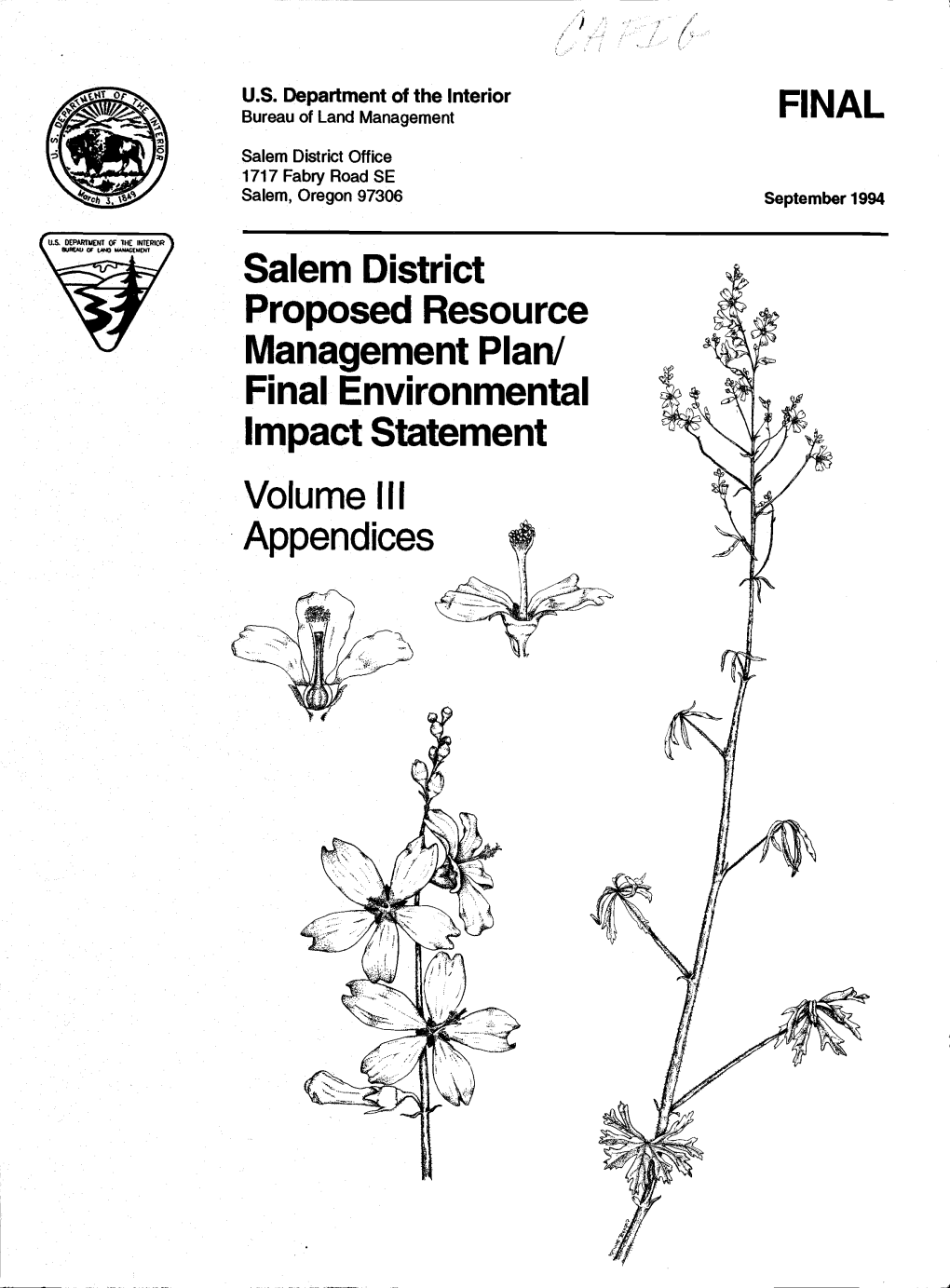 Salem District Proposed Resource Management Plan! Final Environmental Impact Statement