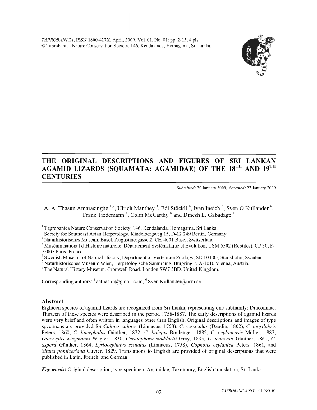 Squamata: Agamidae) of the 18 Th and 19 Th Centuries