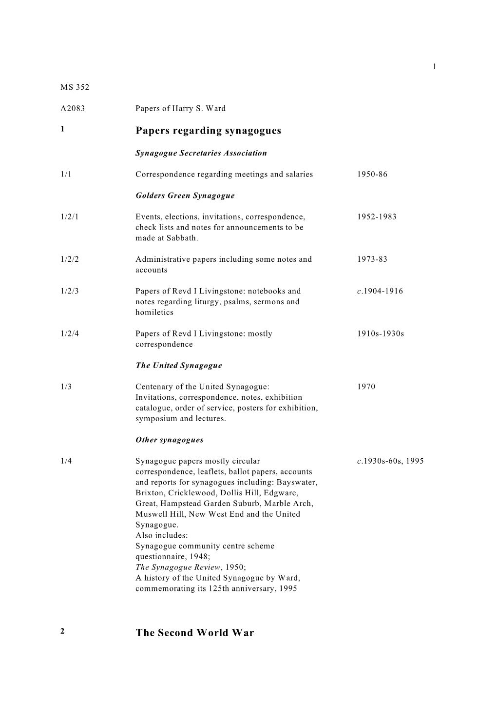 Papers Regarding Synagogues the Second World