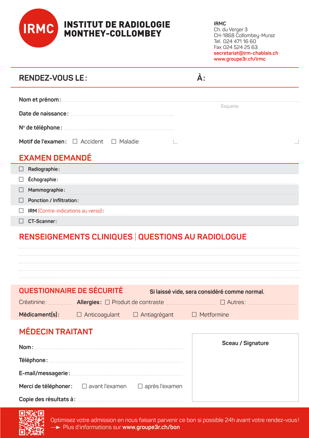 Bon D'examen IRMC (Institut De Radiologie De Monthey Collombey)