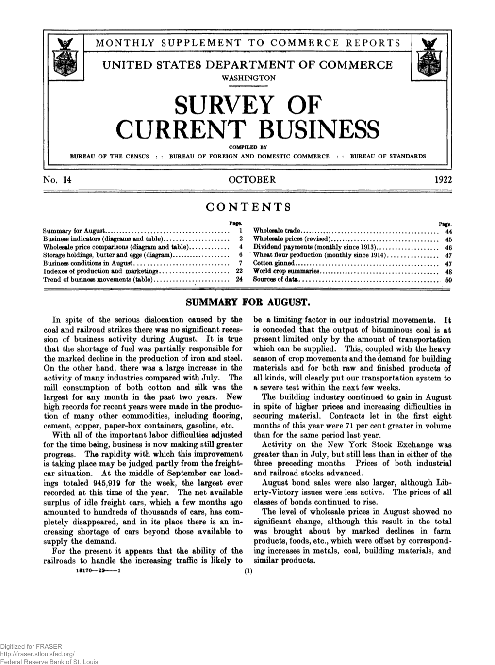 Survey of Current Business October 1922