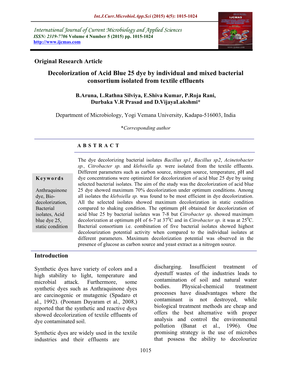 Decolorization of Acid Blue 25 Dye by Individual and Mixed Bacterial Consortium Isolated from Textile Effluents