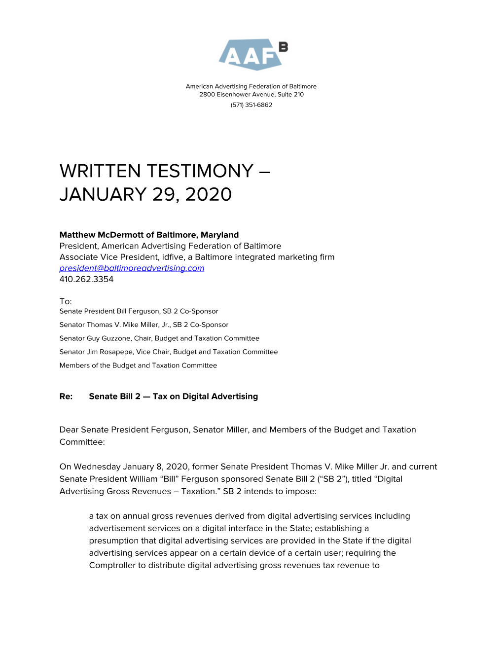 Written Testimony – January 29, 2020