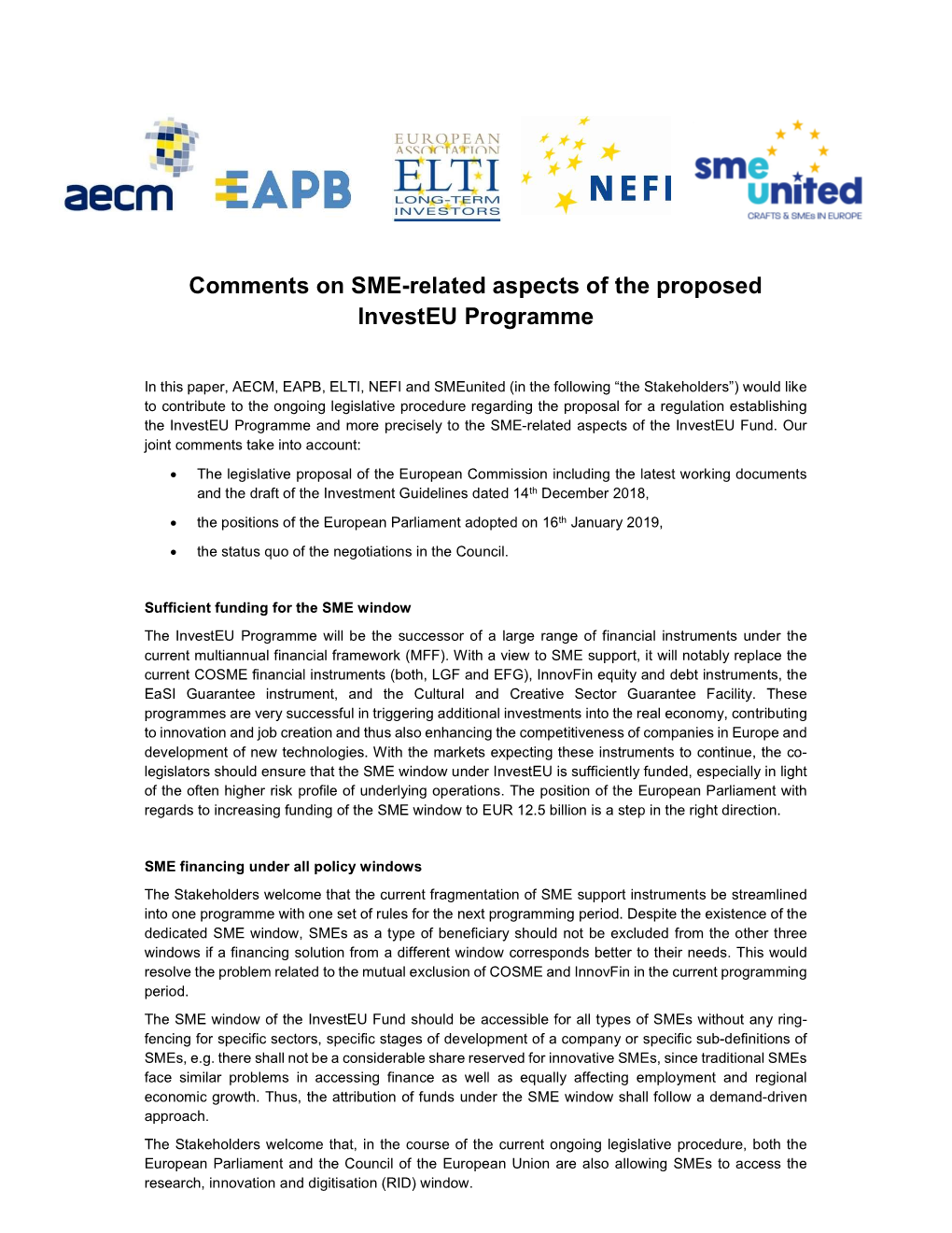 Comments on SME-Related Aspects of the Proposed Investeu Programme