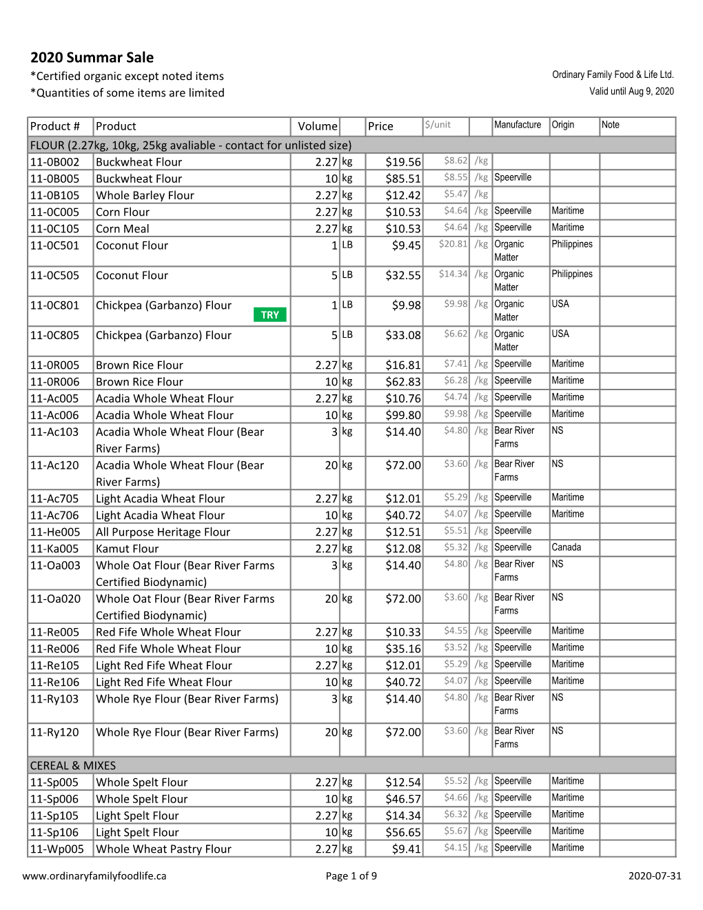 2020 Summar Sale *Certified Organic Except Noted Items Ordinary Family Food & Life Ltd