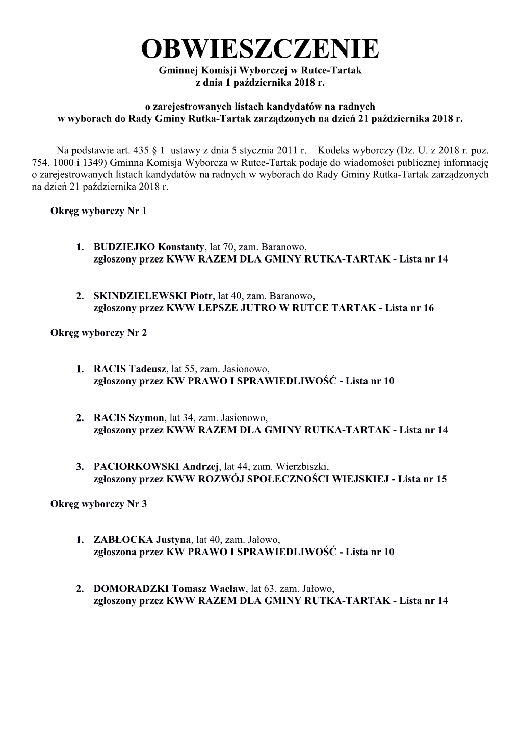 OBWIESZCZENIE Gminnej Komisji Wyborczej W Rutce-Tartak Z Dnia 1 Października 2018 R