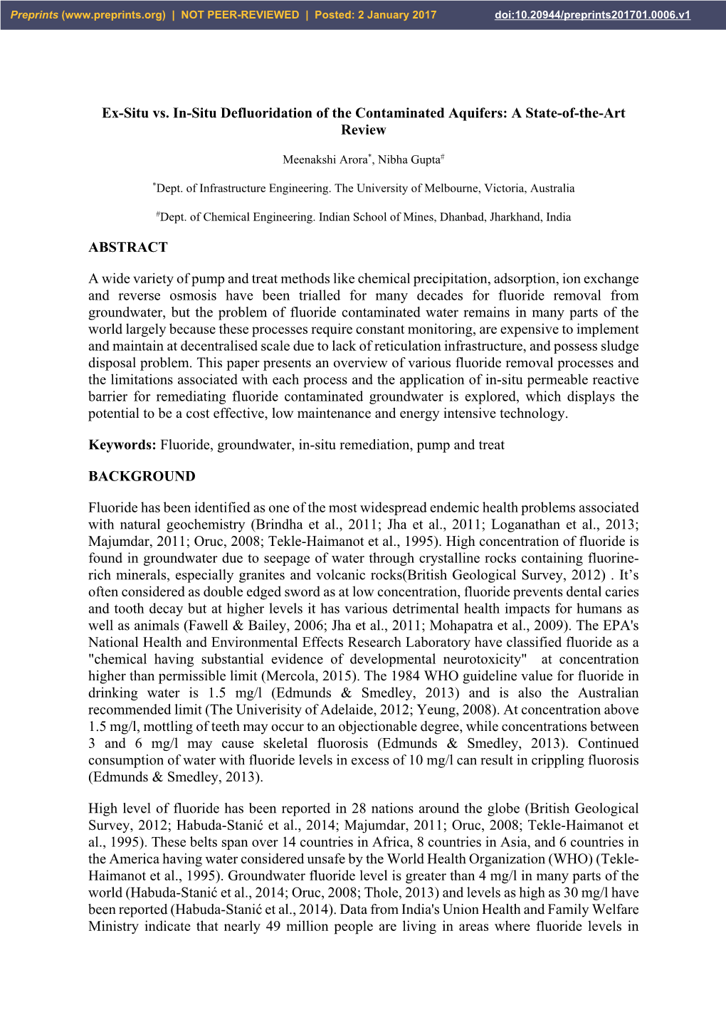 Ex-Situ Vs. In-Situ Defluoridation of the Contaminated Aquifers: a State-Of-The-Art Review