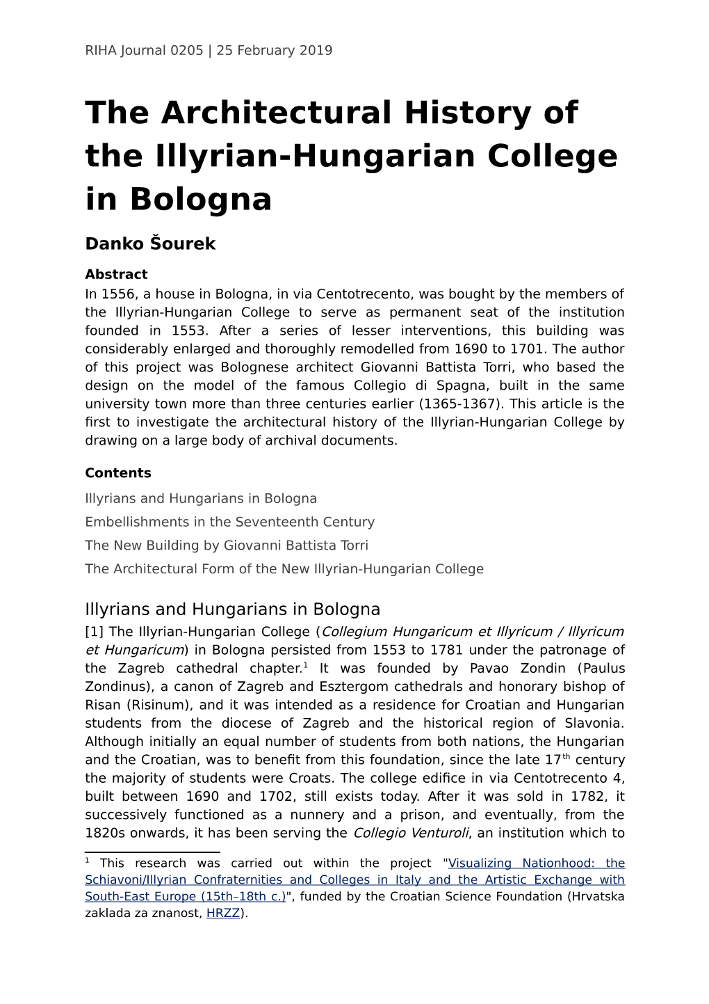 The Architectural History of the Illyrian-Hungarian College in Bologna