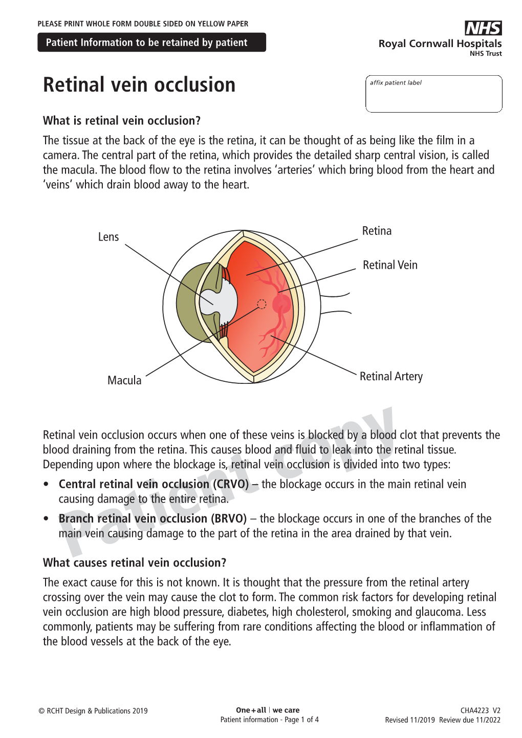 Retinal Vein Occlusion Affix Patient Label