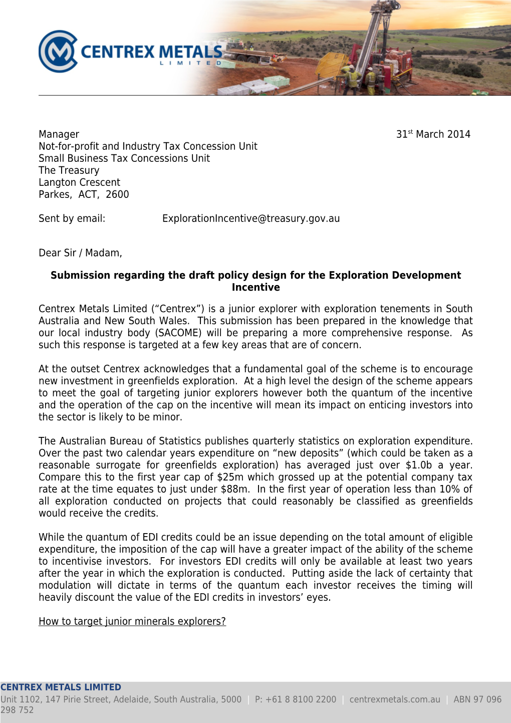 Centrex Metals - Submission to the 'Policy Design for the Exploration Development Incentive'