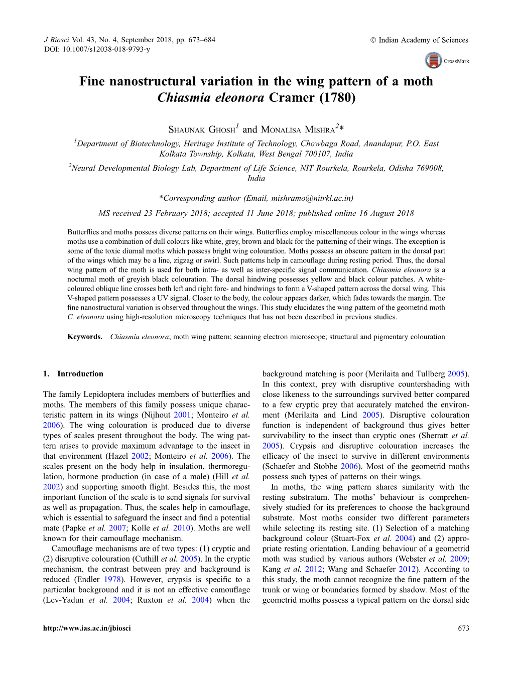 Fine Nanostructural Variation in the Wing Pattern of a Moth Chiasmia Eleonora Cramer (1780)