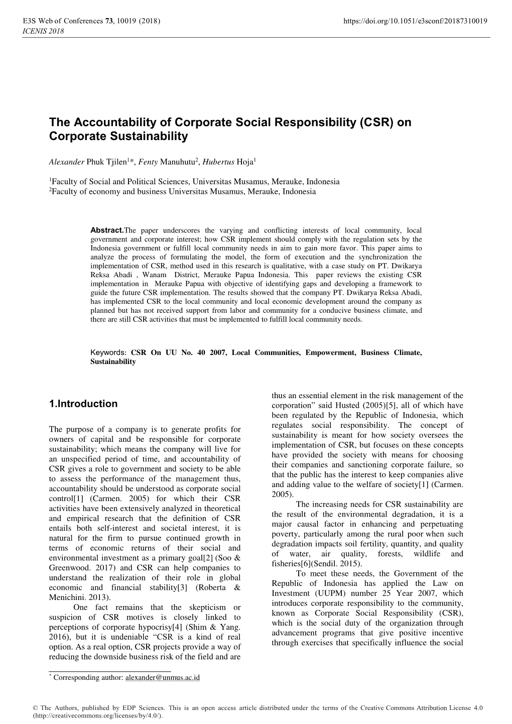 The Accountability of Corporate Social Responsibility (CSR) on Corporate Sustainability