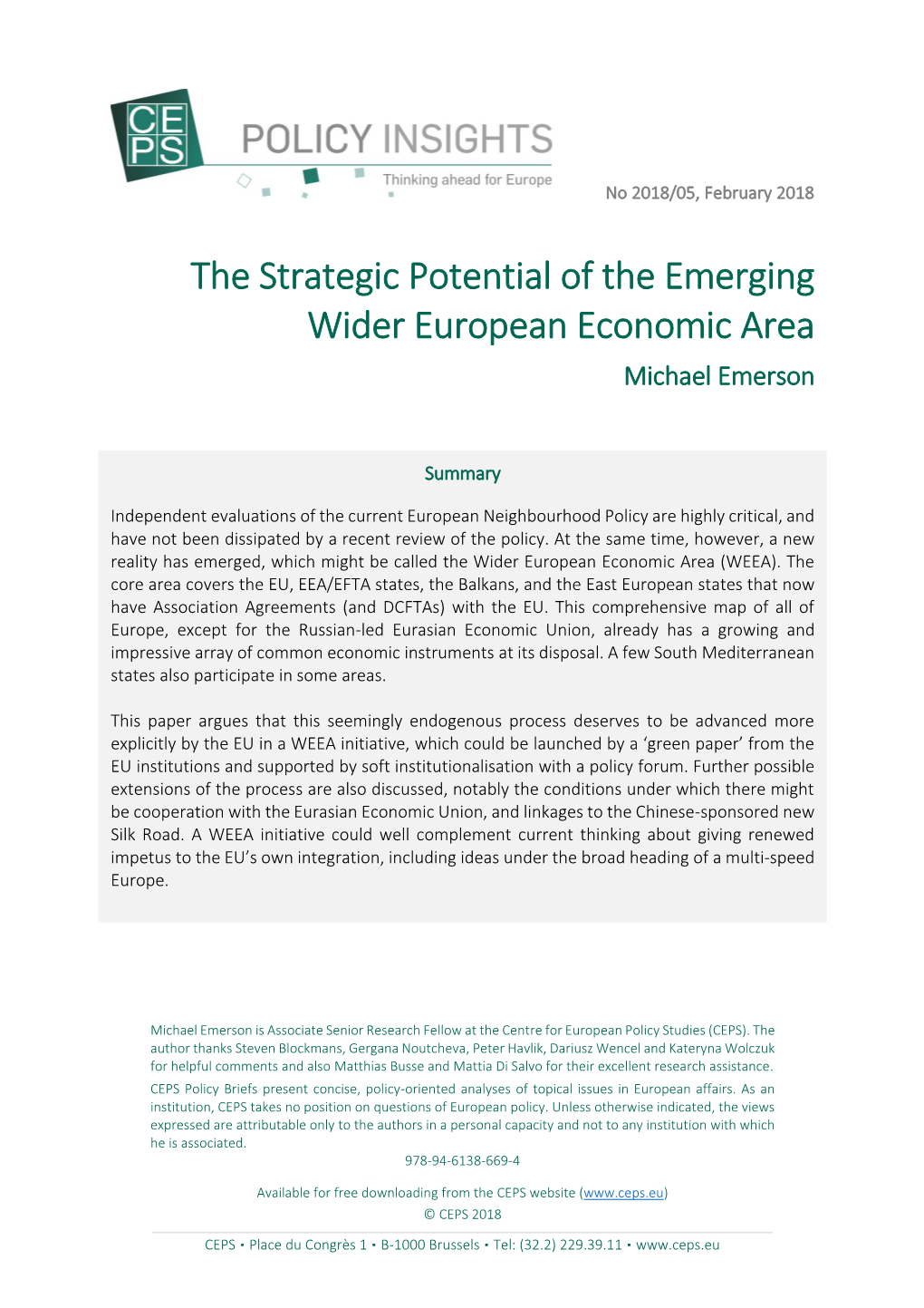 The Strategic Potential of the Emerging Wider European Economic Area Michael Emerson