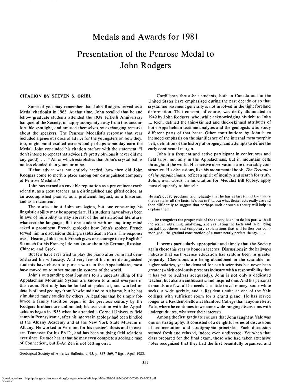 Medals and Awards for 1981 Presentation of the Penrose Medal