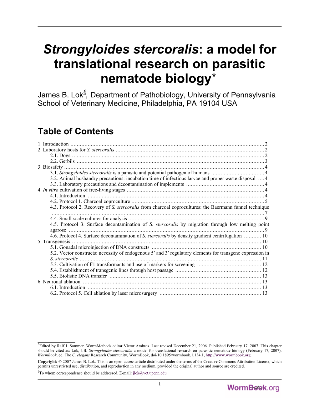 Strongyloides Stercoralis: a Model for Translational Research on Parasitic Nematode Biology* James B