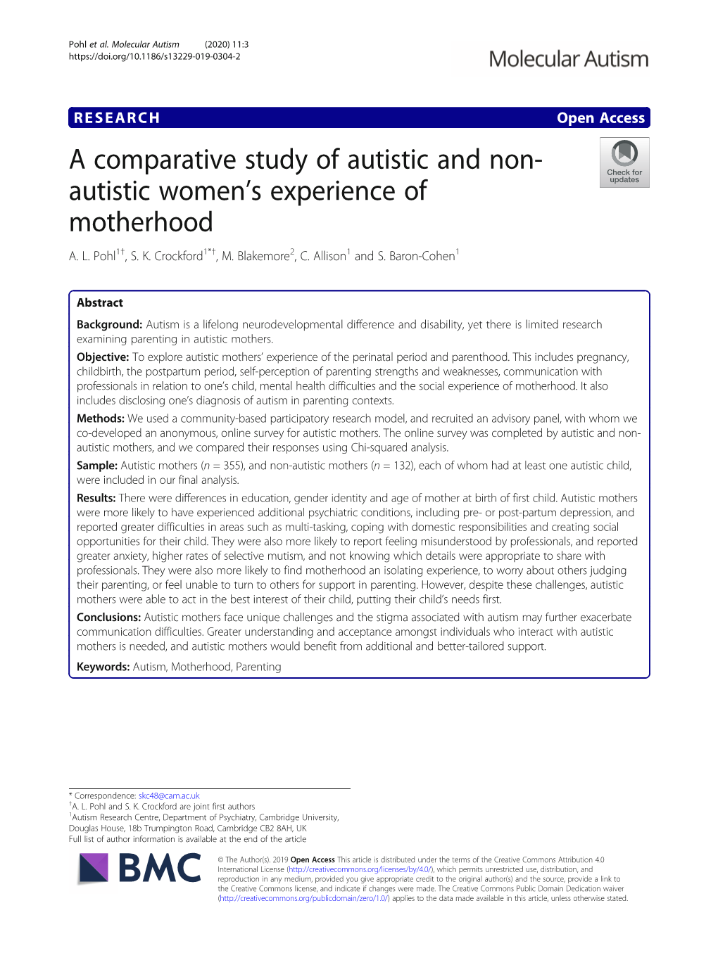 A Comparative Study of Autistic and Non-Autistic Women's Experience of Motherhood