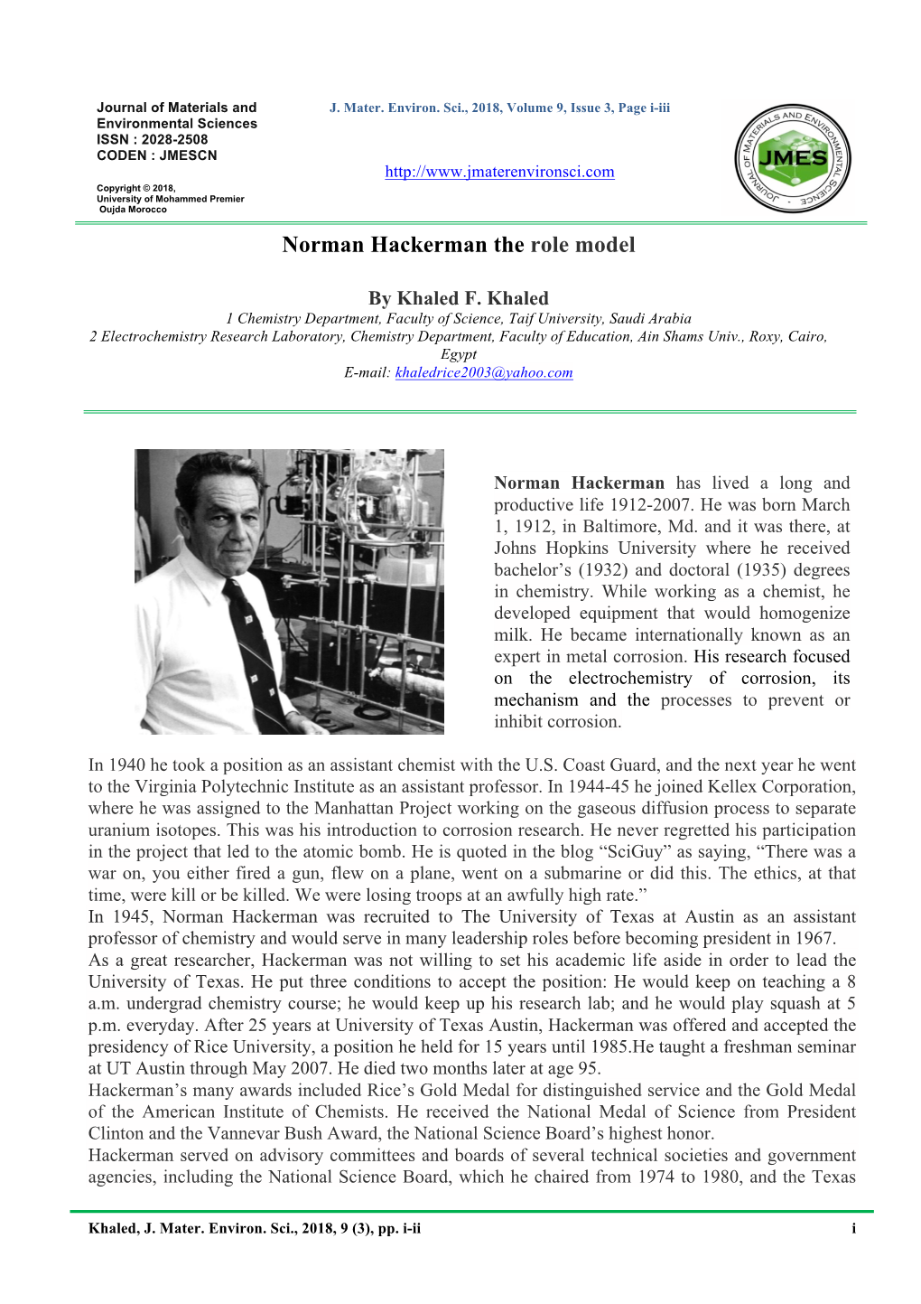 Norman Hackerman the Role Model by Khaled F. Khaled, J. Mater. Environ