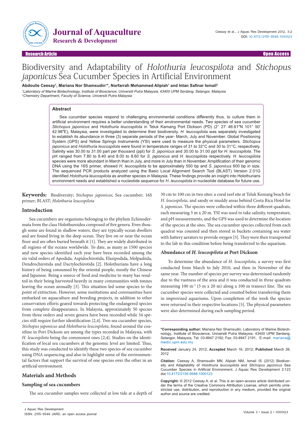 Biodiversity and Adaptability of Holothuria Leucospilota And