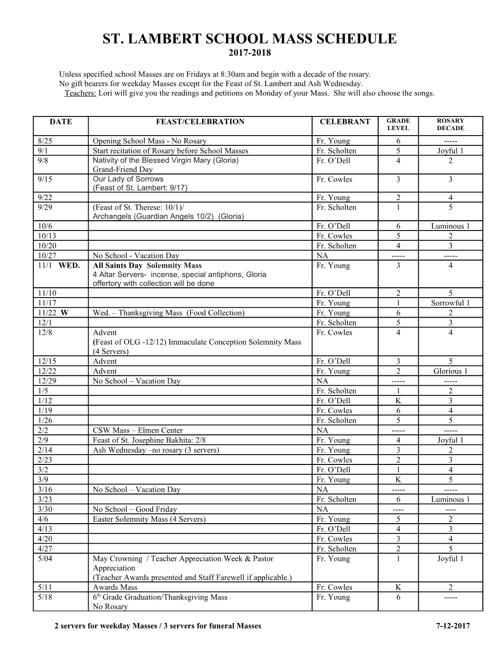 St. Lambert School Mass Schedule