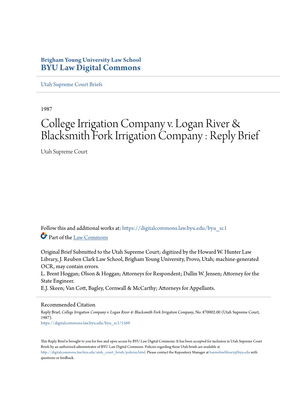 College Irrigation Company V. Logan River & Blacksmith Fork Irrigation