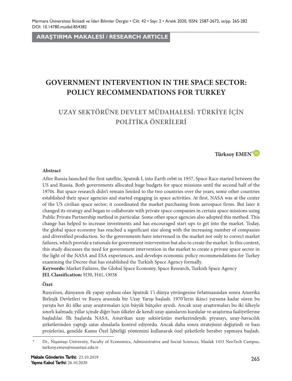 Government Intervention in the Space Sector: Policy Recommendations for Turkey