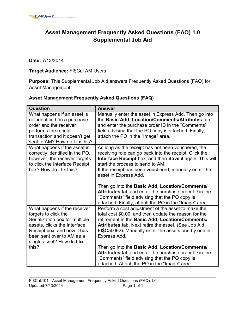 Asset Management Frequently Asked Questions (FAQ) 1.0 Supplemental Job Aid