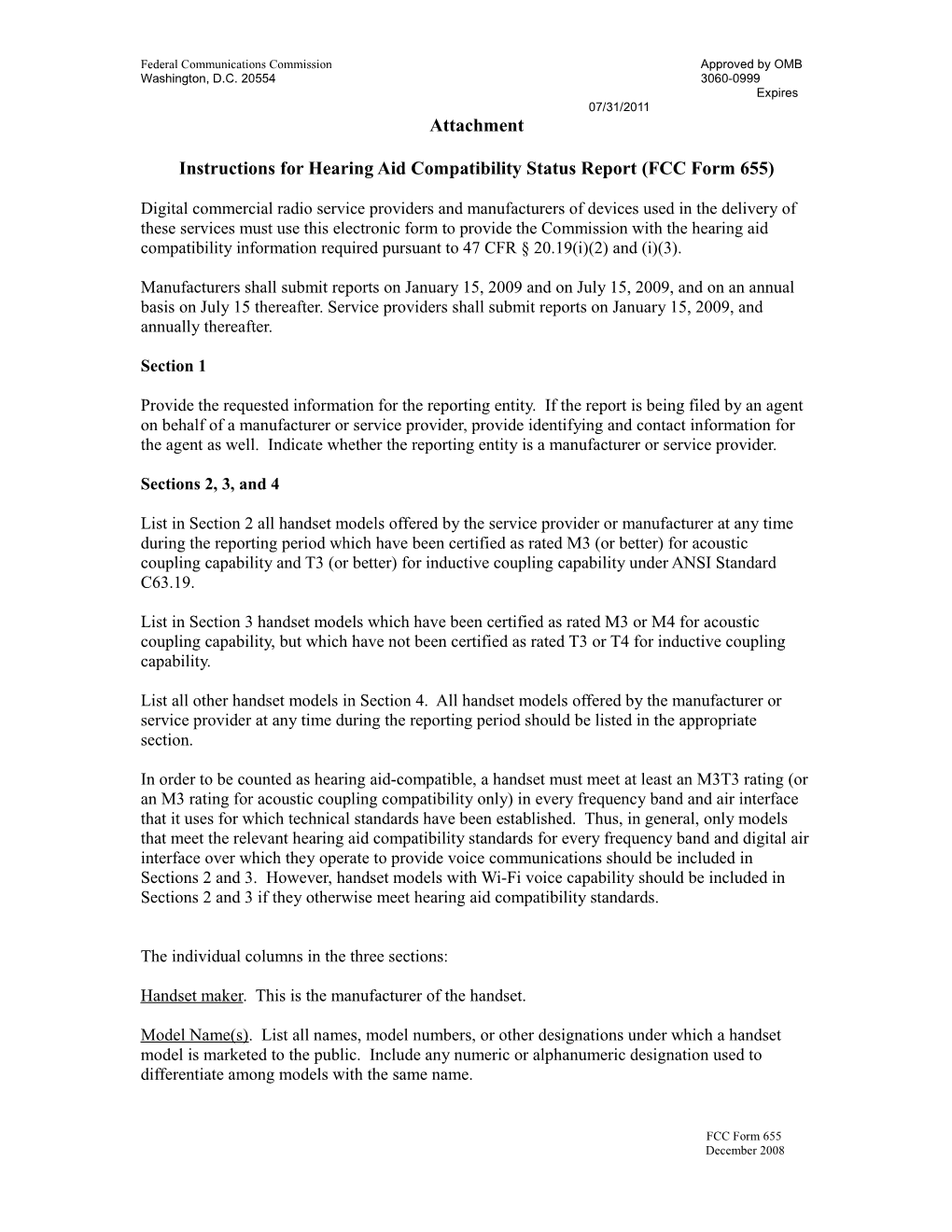 Instructions for Hearing Aid Compatibility Status Report (FCC Form 655)