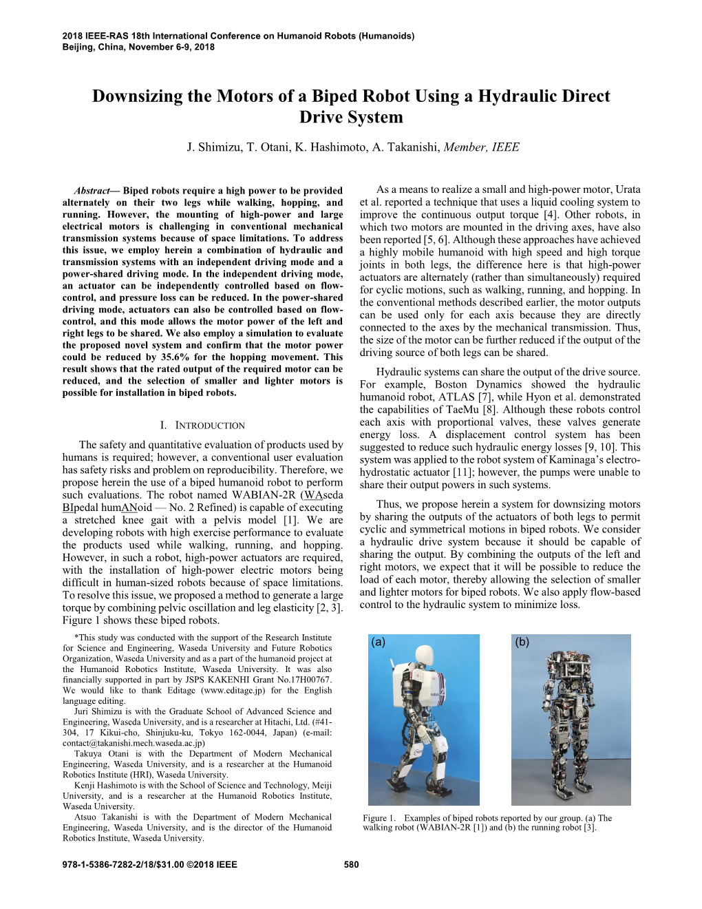 Downsizing the Motors of a Biped Robot Using a Hydraulic Direct Drive System