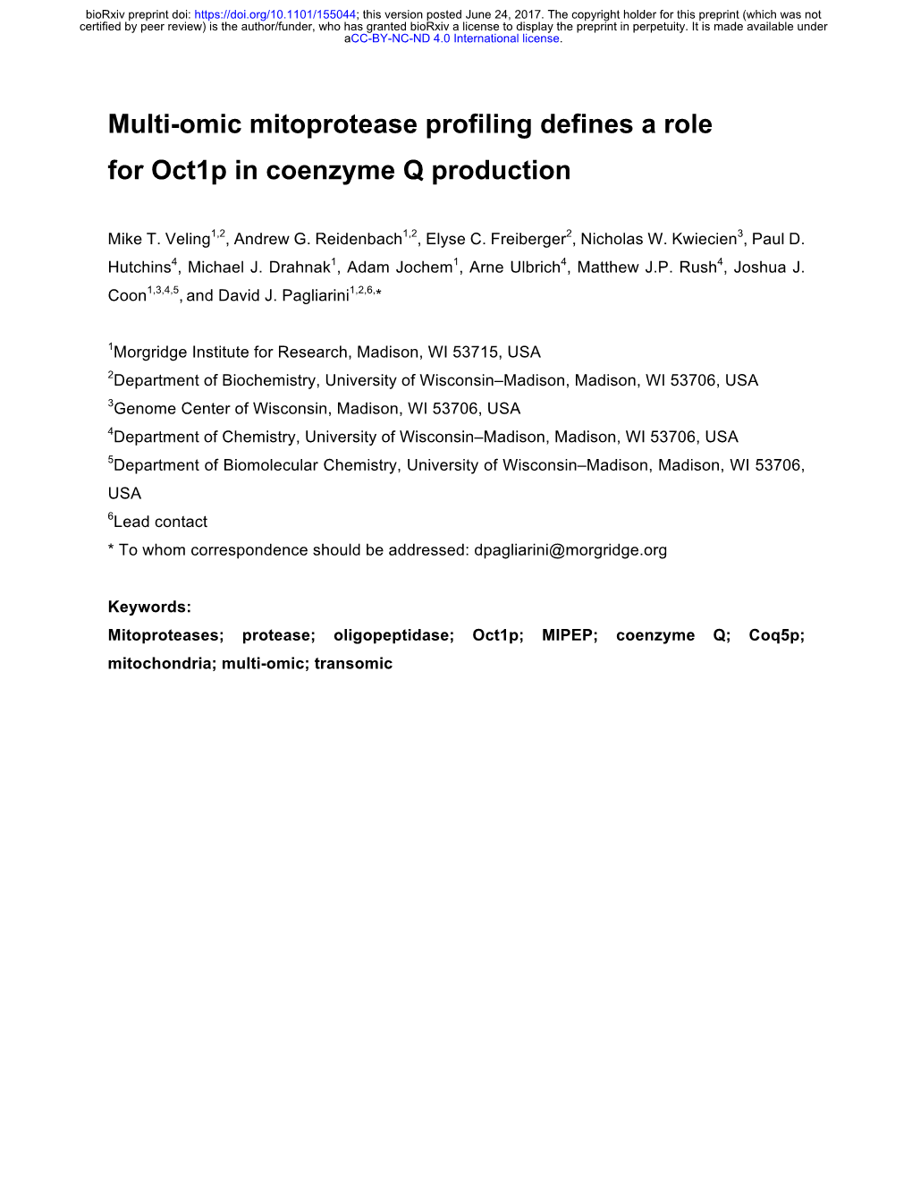 Multi-Omic Mitoprotease Profiling Defines a Role for Oct1p in Coenzyme Q Production
