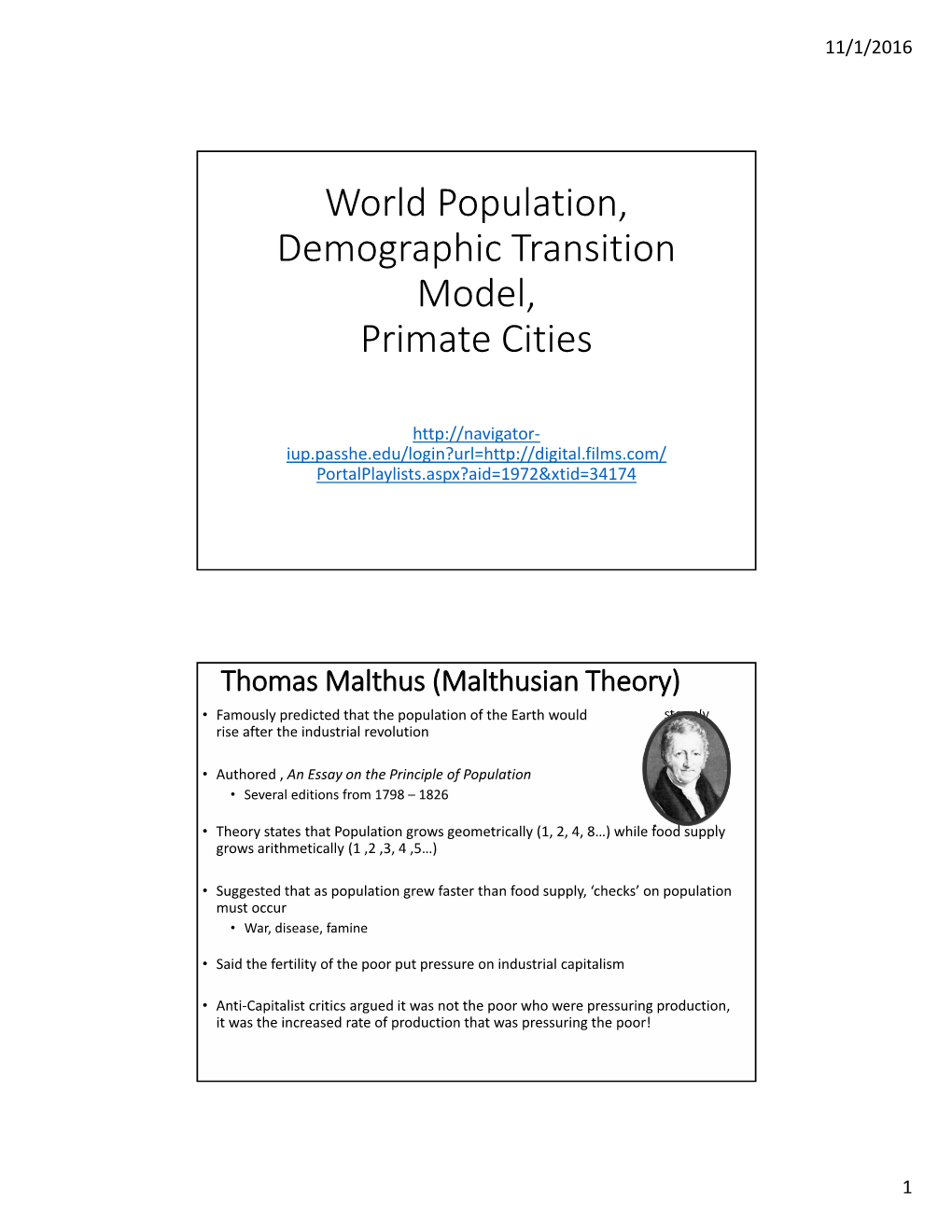 World Population, Demographic Transition Model, Primate Cities