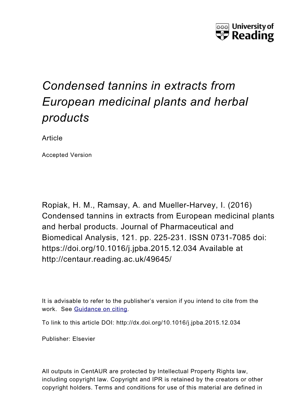 Condensed Tannins in Extracts from European Medicinal Plants and Herbal Products