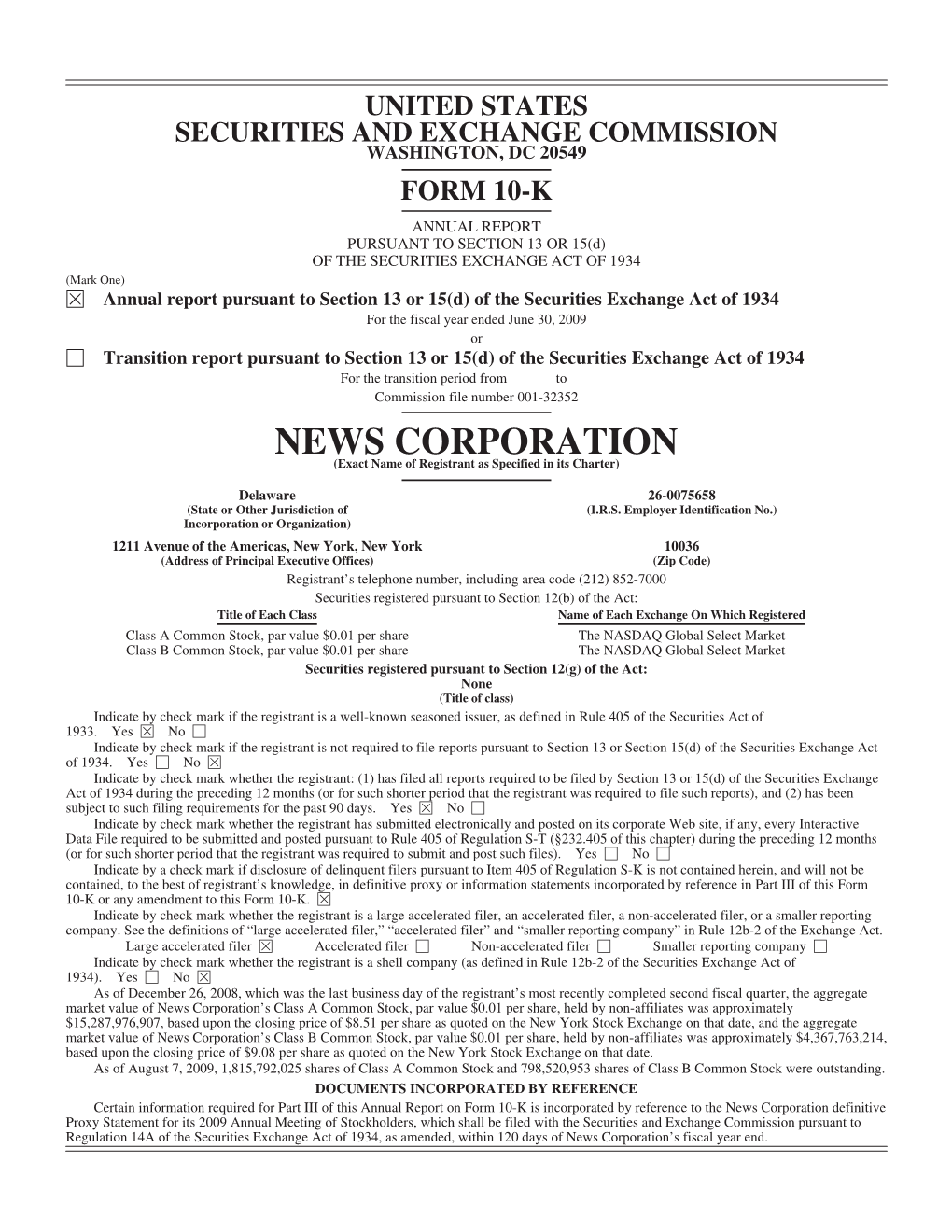 NEWS CORPORATION (Exact Name of Registrant As Specified in Its Charter)