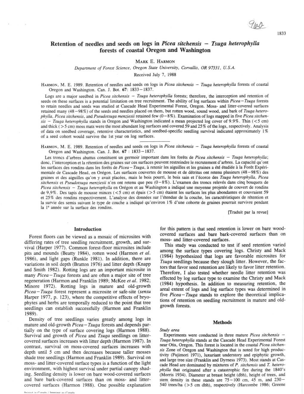 Retention of Needles and Seeds on Logs in Picea Sitchensis — Tsuga Heterophylla Forests of Coastal Oregon and Washington