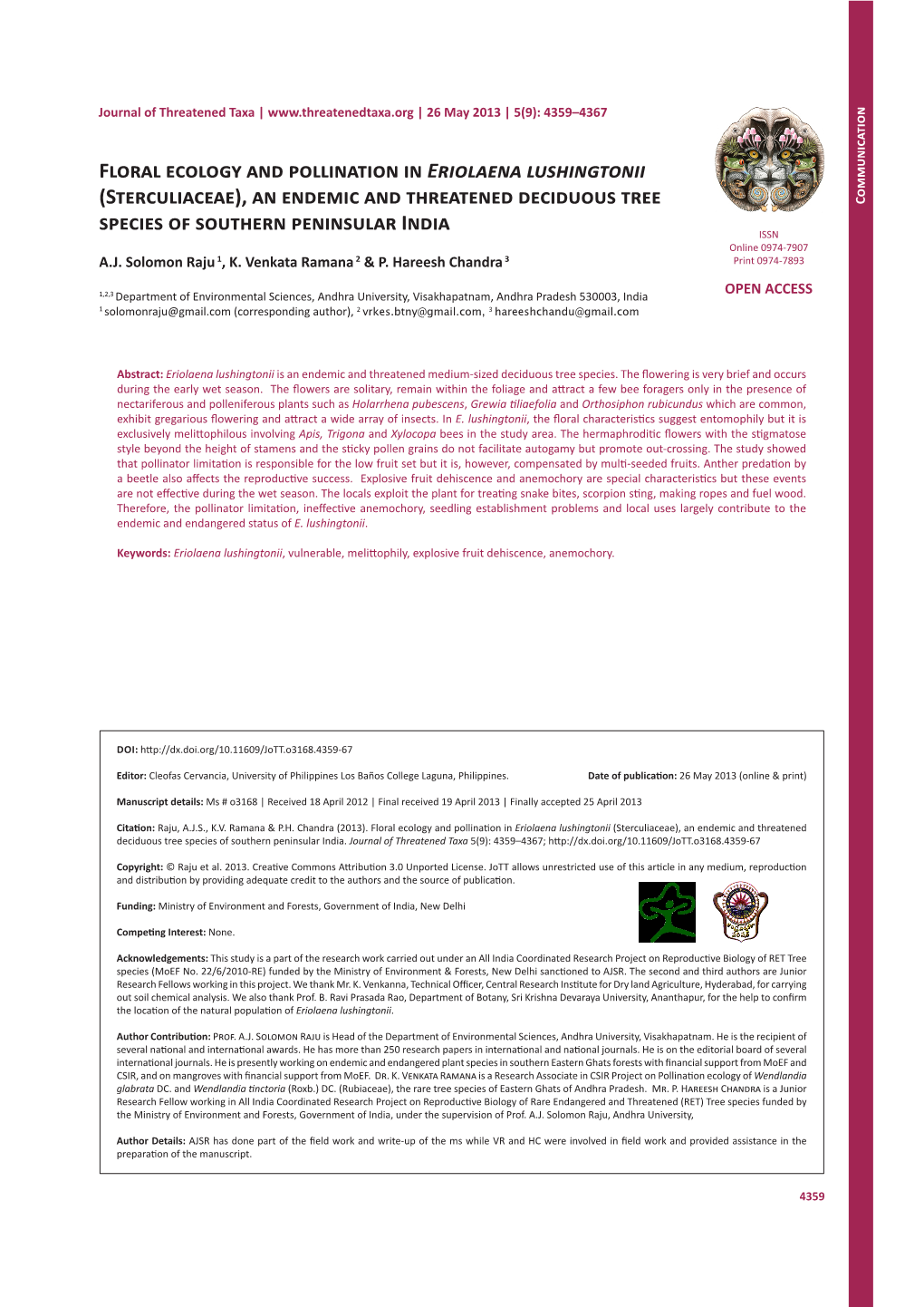 Floral Ecology and Pollination in Eriolaena Lushingtonii