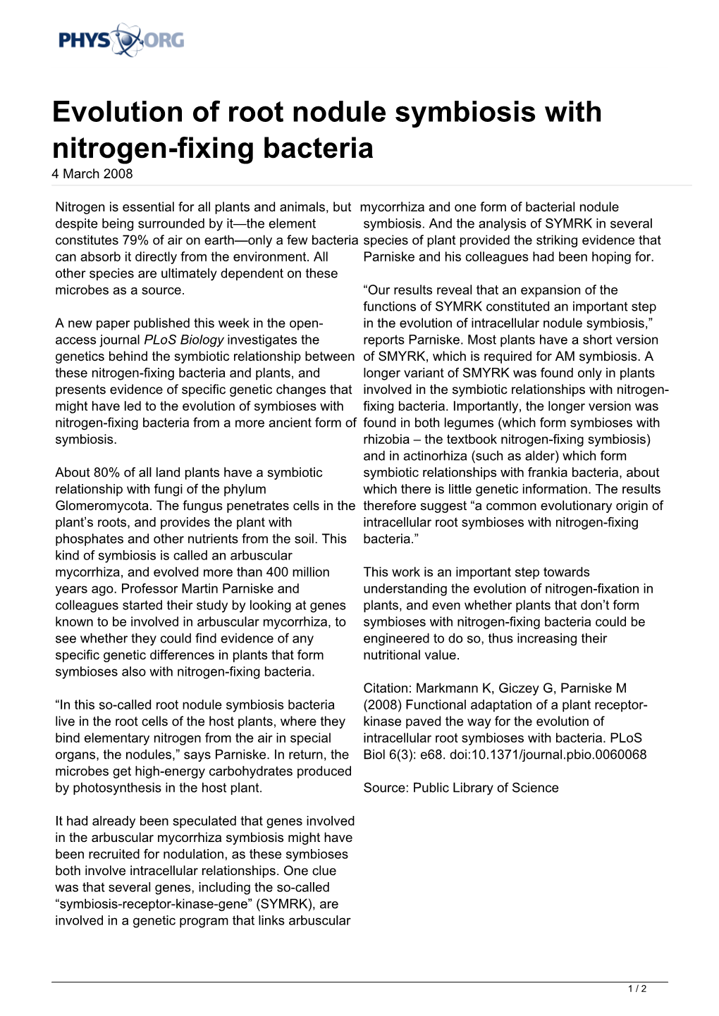 Evolution of Root Nodule Symbiosis with Nitrogen-Fixing Bacteria 4 March 2008