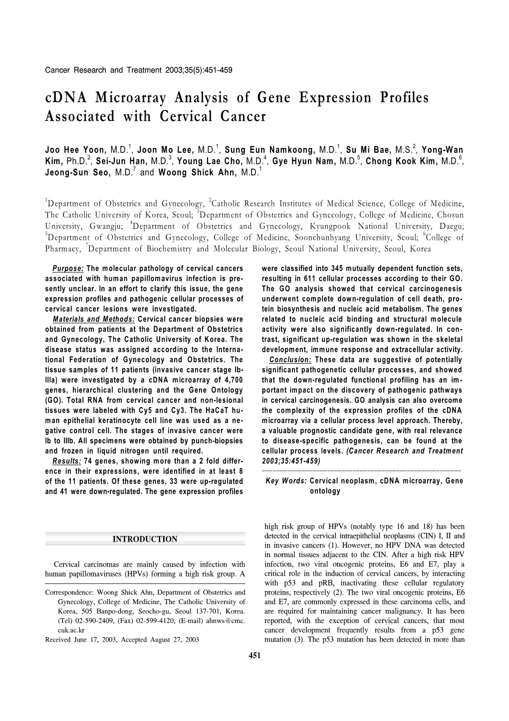 Cdna Microarray Analysis of Gene Expression Profiles Associated with Cervical Cancer