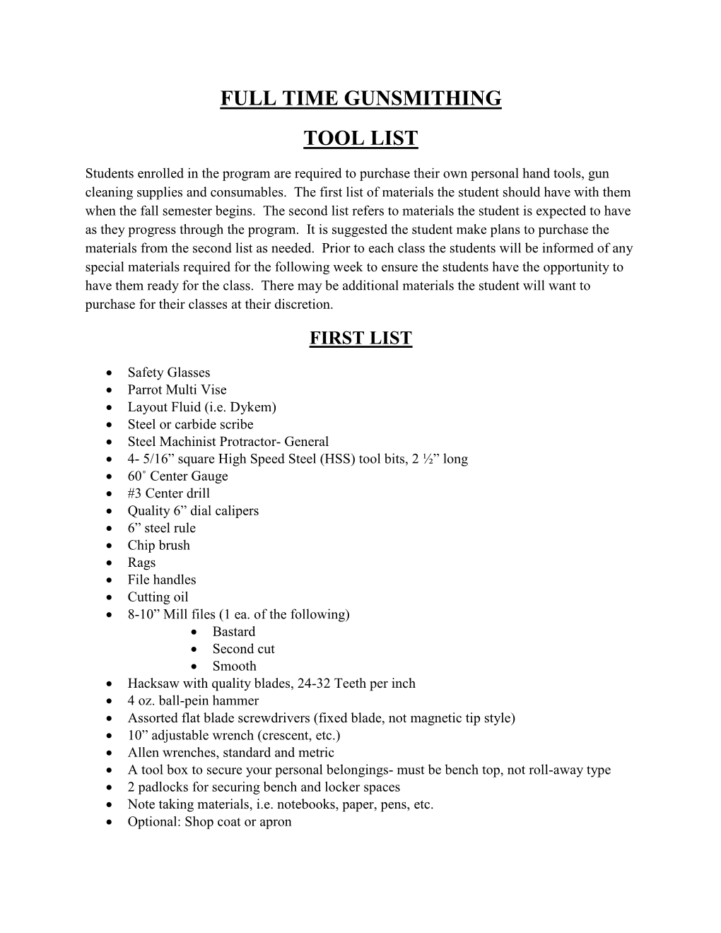 Full Time Gunsmithing Tool List