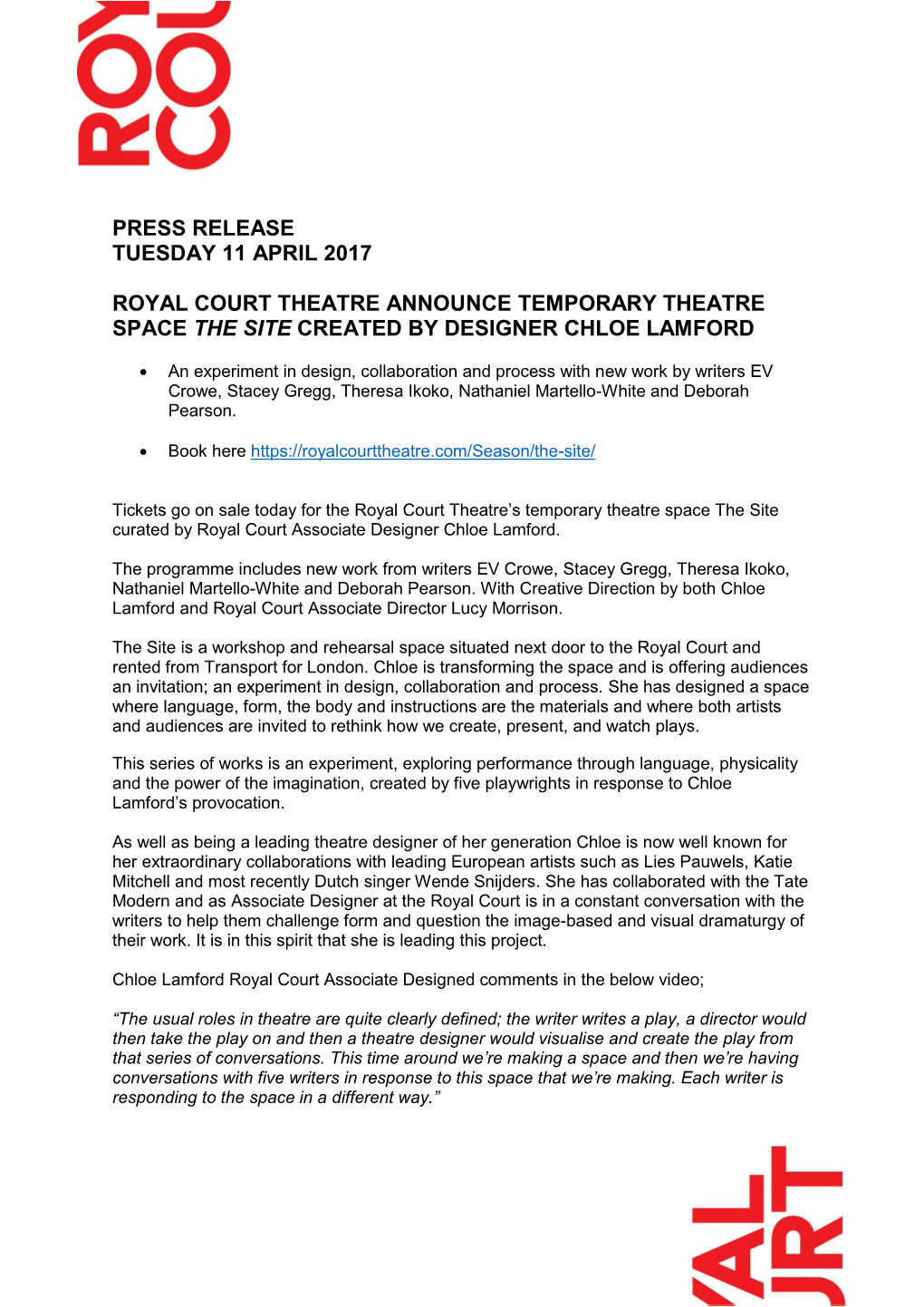 Press Release Tuesday 11 April 2017 Royal Court