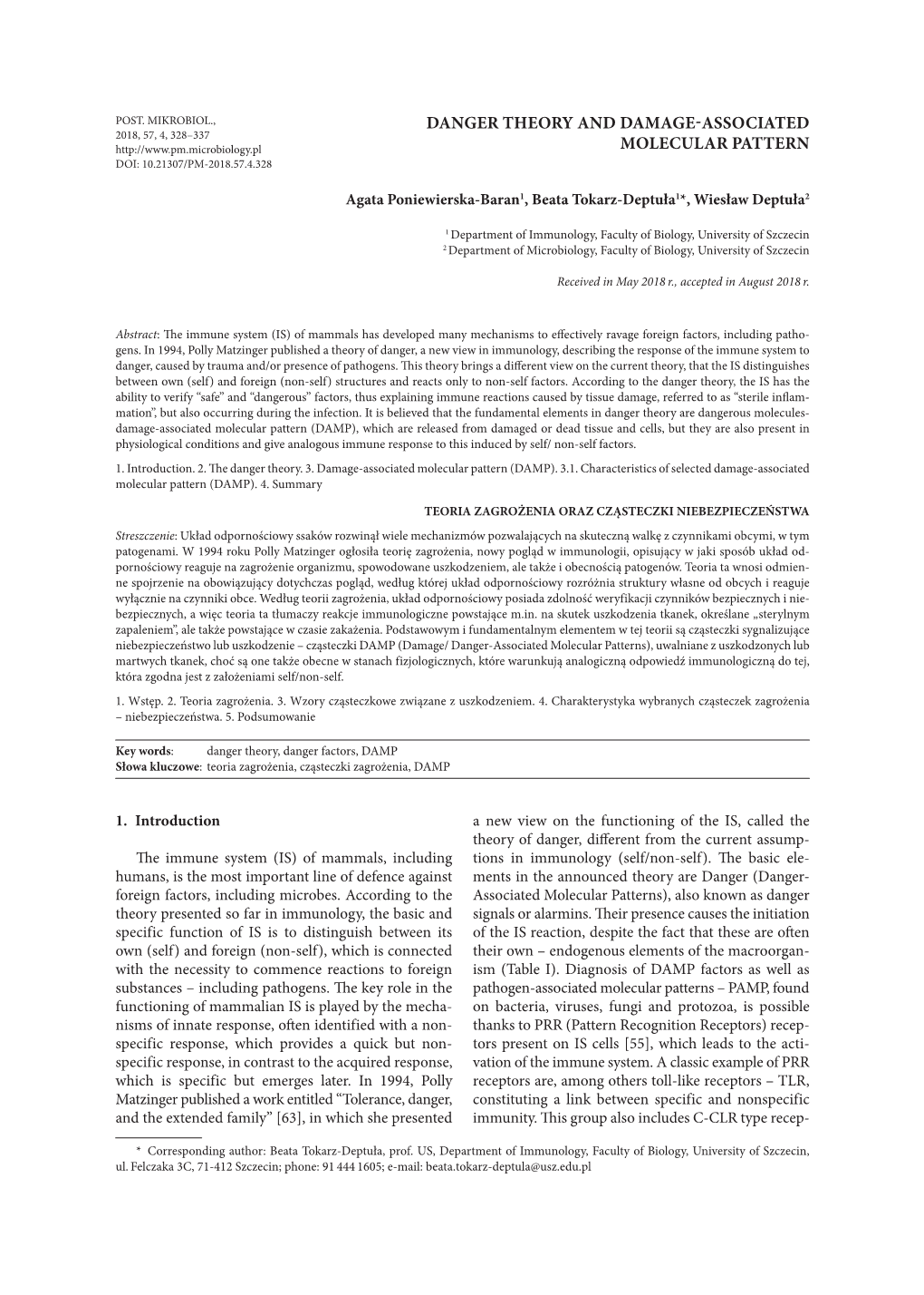 Danger Theory and Damage-Associated 2018, 57, 4, 328–337 Molecular Pattern Doi: 10.21307/Pm-2018.57.4.328