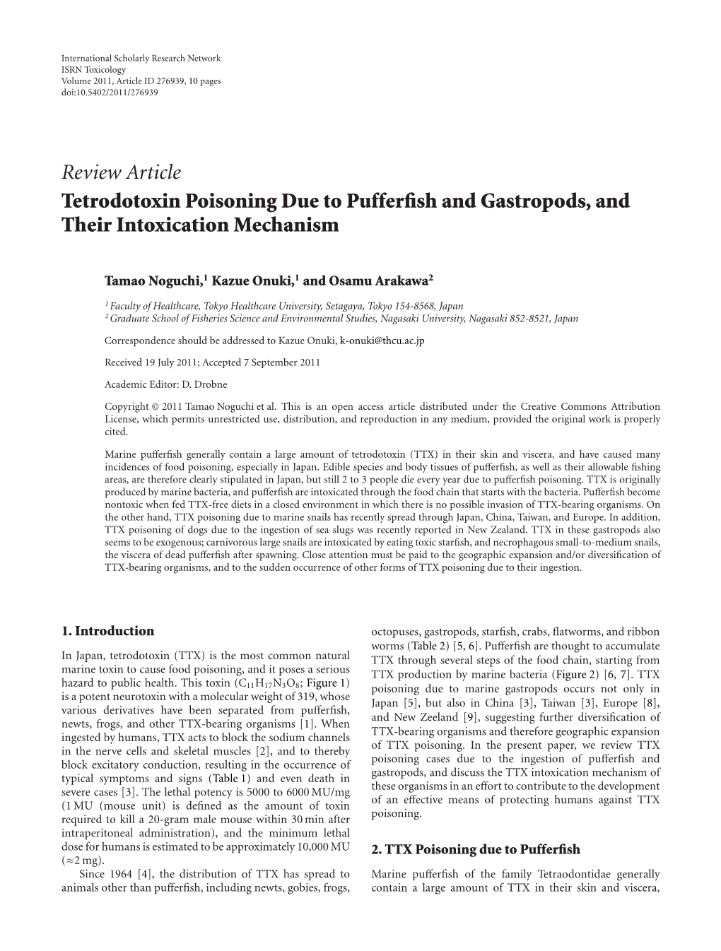 Tetrodotoxin Poisoning Due to Pufferfish and Gastropods, and Their Intoxication Mechanism